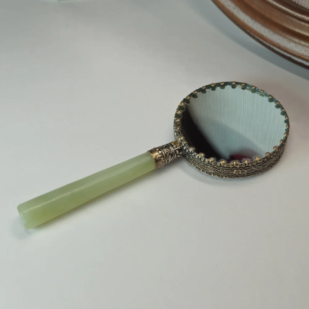 Vintage Chinese Hand Painted with Jade Stone Handle Silver Vanity Mirror